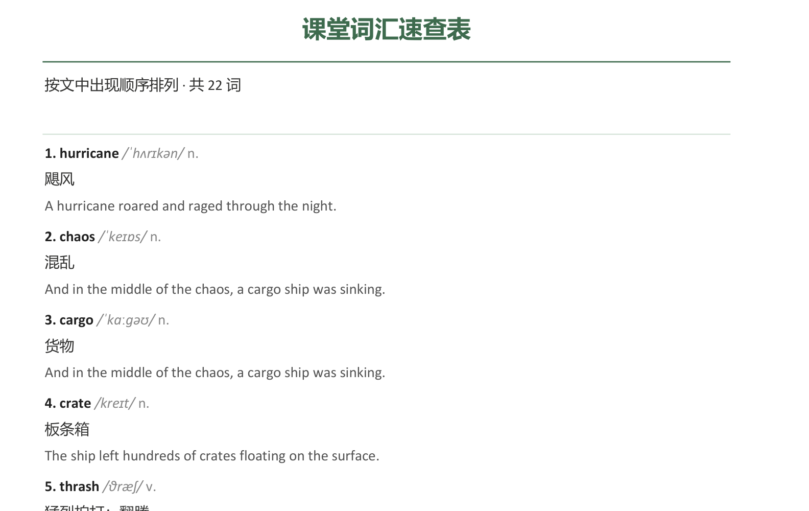 墨蕊阅读导出的 Word 词汇表：词 + 音标 + 词性 + 中文释义 + 例句，按文中出现顺序排列，共 22 词